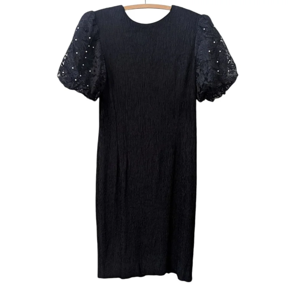Vintage Lace Pearl Puff Sleeve Leslie Fay Dress Crepe Crinkle 80’s Holiday Party